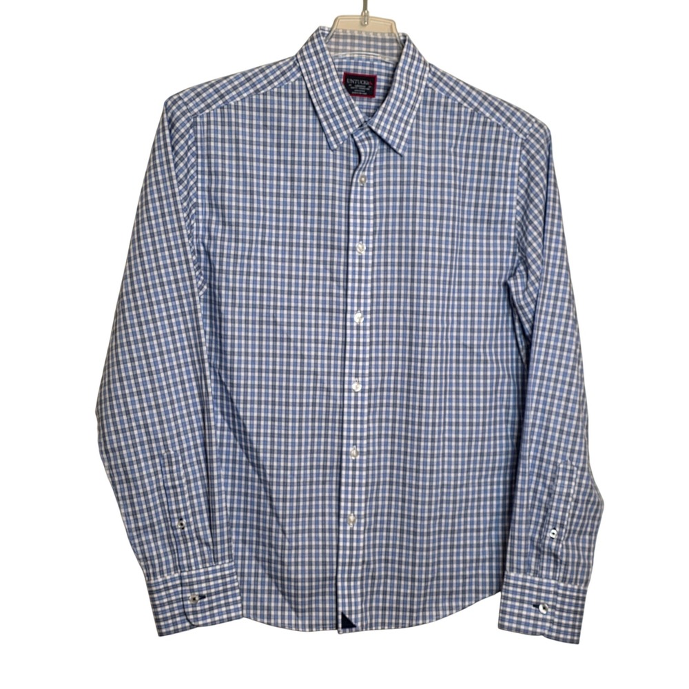 UNTUCKit Mens Medium Blu‎ Plaid Slim Fit Wrinkle Free Button Down Shirt Blue
